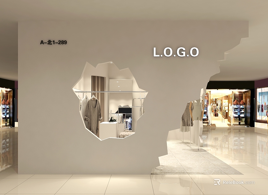 Modern Clothing Store With White Wall Irregular Display Window Hanging Clothes And Display Racks 3d model 