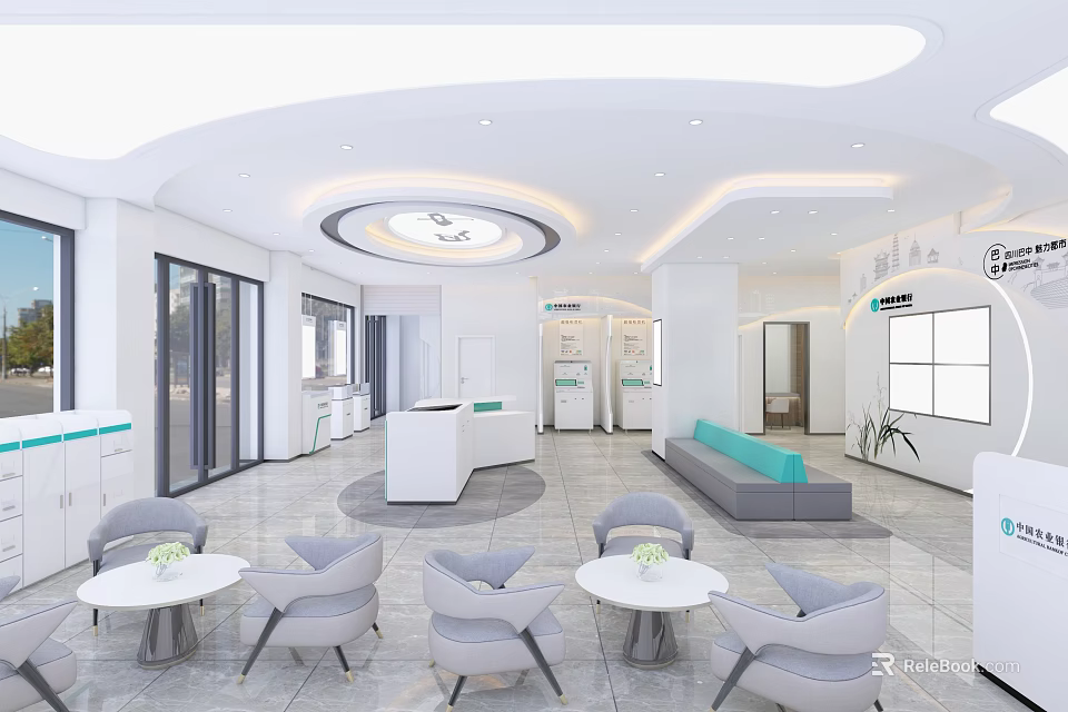 Modern Bank Lobby Interior Design With Reception Counter Sofa And Tables 3d model 
