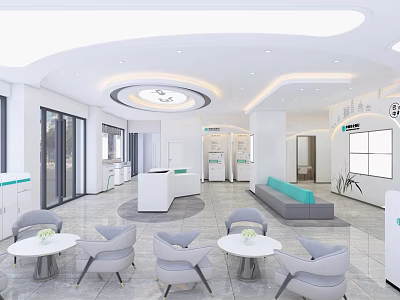 Modern Bank Lobby Interior Design With Reception Counter Sofa And Tables 3d model