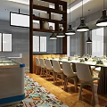 Modern Restaurant Interior With Wooden Walls Shelves Decorative Vases And Colorful Tiled Floor