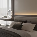 Modern Minimalist Bedroom Interior With Round Pendant Light Gray Rug And Wall Art