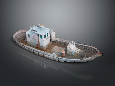 Detailed Vintage Metal Boat Model With White Cabin Deck Railings And Chimney On Weathered Hull 3d model