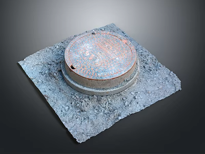Circular Rusty Manhole Cover With Textured Surface On Gray Concrete Base 3d model