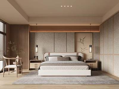 Modern Bedroom Interior With Gray Fabric Walls Wooden Trim Pendant Lamps Rug And Green Plant 3d model
