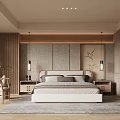 Modern Bedroom Interior With Gray Fabric Walls Wooden Trim Pendant Lamps Rug And Green Plant