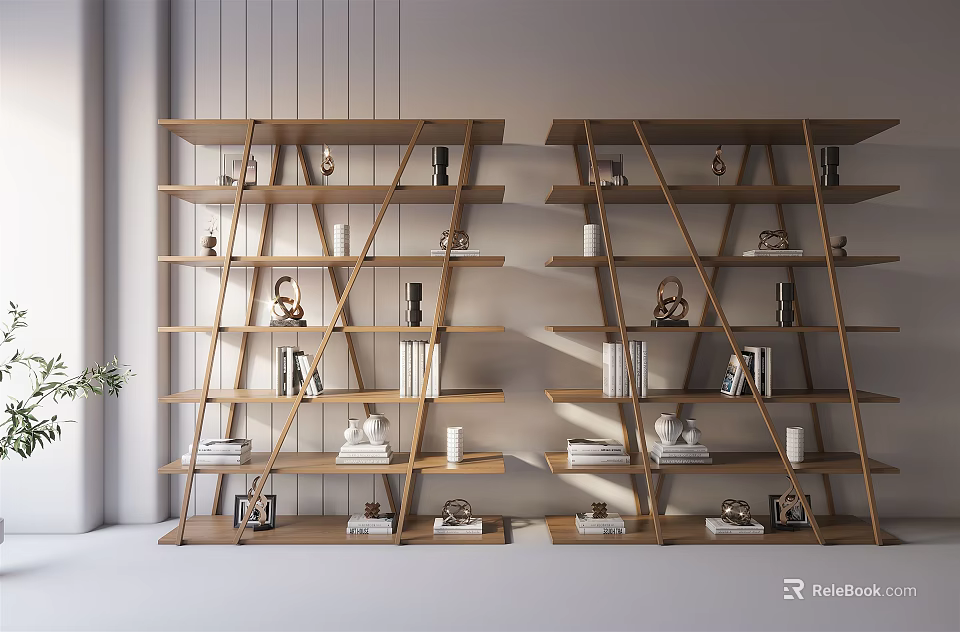 Modern Wooden Bookcase With Geometric Design Shelves Holding Books And Decorative Items 3d model 