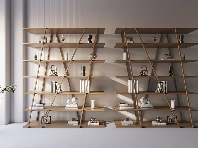 Modern Wooden Bookcase With Geometric Design Shelves Holding Books And Decorative Items 3d model
