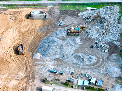Aerial Planning View Of Construction Site With Sand Piles Trucks And Materials 3d model