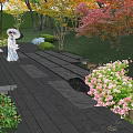 Serene Garden Landscape With Stone Pathway Colorful Trees Flowers And Wooden Structure