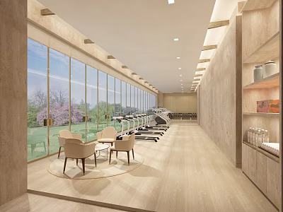 Modern Fitness Gym With Open Layout Floor to Ceiling Windows and Workout Equipment Lounge Area 3d model