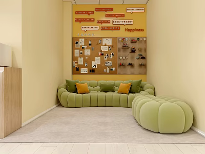 Casual Lounge Area With Yellow Walls Green Sofa Pinboard Orange Cushions And Light Carpet 3d model