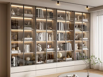 Elegant Modern Bookcase Interior Design With Glass Doors Built-in Lighting Books And Decorative Items 3d model