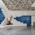 Modern Elegant Elevator Lobby With Blue Plant Wall Decor Polished Flooring And Intricate Ceiling Design