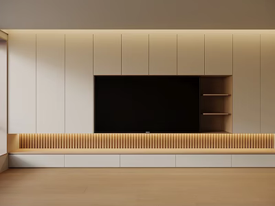 Modern TV Wall Unit With Built in TV White Wooden Slatted Base And Storage Shelves 3d model