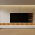 Modern TV Wall Unit With Built in TV White Wooden Slatted Base And Storage Shelves