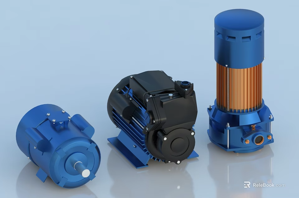 Three Different Blue And Black Industrial Engines With Varied Designs And Components 3d model 