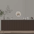 Brown Vertical Striped Dresser With Decorative Items Potted Plant And Wall Clock In Interior Scene