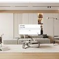 Modern Living Room With Light Gray Sofa Geometric Coffee Table Floor Lamp And Decorative Paintings