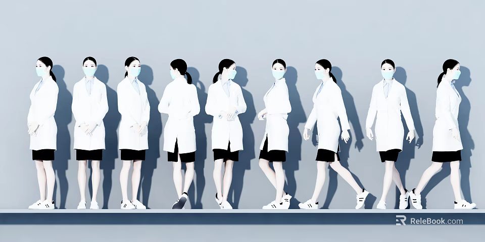 Models Wearing White Coats And Masks In Various Standing And Walking Poses 3d model 