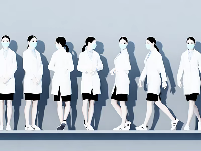 Models Wearing White Coats And Masks In Various Standing And Walking Poses 3d model