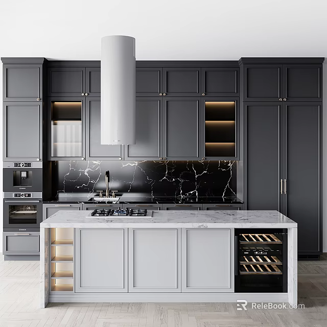 Modern Kitchen Interior With Dark Gray Cabinets White Island Black Marble Backsplash And Wine Rack 3d model 