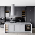 Modern Kitchen Interior With Dark Gray Cabinets White Island Black Marble Backsplash And Wine Rack