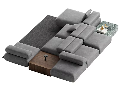 Modern Gray Modular Sectional Sofa With Gray Rug Wooden Side Table And Decorative Items 3d model