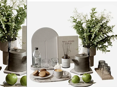 Elegant Decorative Ornaments Set Featuring Green Plants Teapot Cookies Cup Aromatherapy Bottle And Tray 3d model