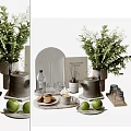Elegant Decorative Ornaments Set Featuring Green Plants Teapot Cookies Cup Aromatherapy Bottle And Tray