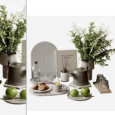 Elegant Decorative Ornaments Set Featuring Green Plants Teapot Cookies Cup Aromatherapy Bottle And Tray 3d model
