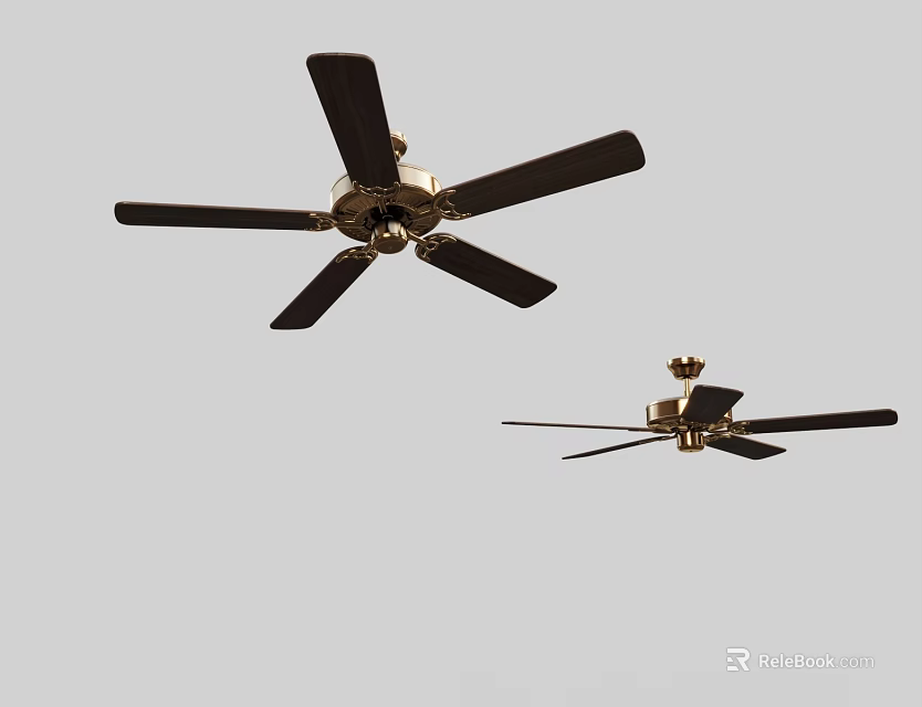 Two Different Black Blade Ceiling Fans With Gold Motor Modern Design For Home Use 3d model 