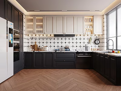 Modern Kitchen Interior Design With Black White Cabinets Tile Backsplash And Herringbone Wood Floor 3d model