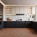 Modern Kitchen Interior Design With Black White Cabinets Tile Backsplash And Herringbone Wood Floor