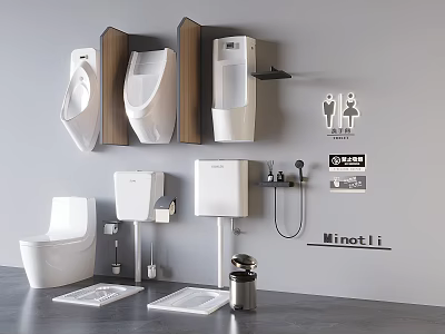 Three Modern White Wall Mounted Urinals With Wooden Panels And Bathroom Accessories 3d model