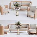 Modern Light Fabric Sofa and Coffee Table Set With Armchairs Round Table Floral Arrangement 3d model