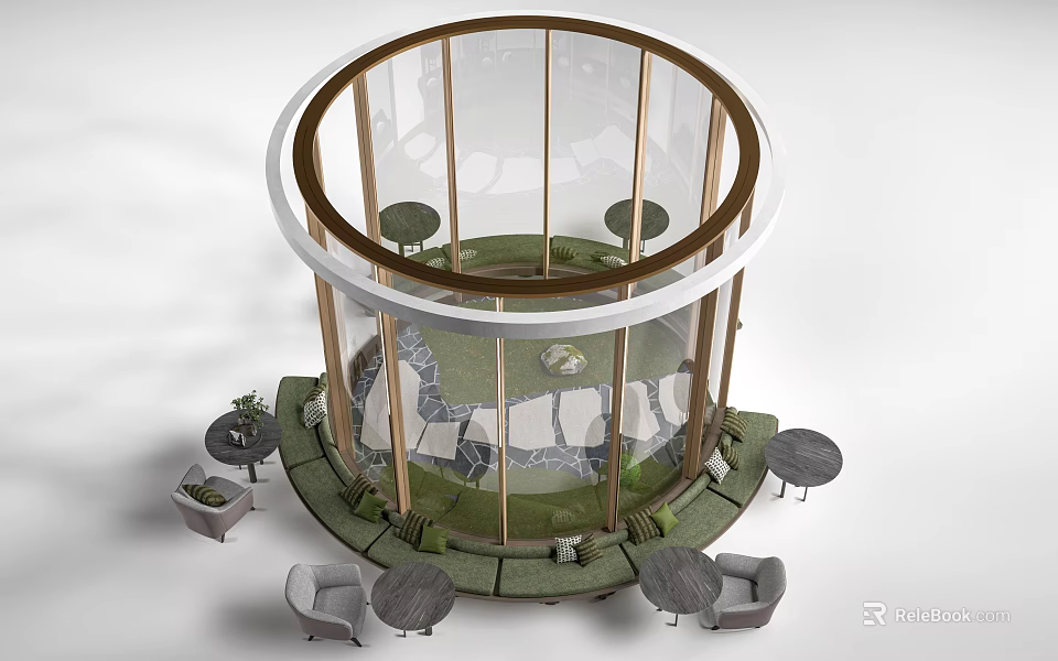 Modern Hotel Public Lounge Area With Circular Glass Structure Grass Pathway And Seating 3d model 