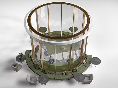 Modern Hotel Public Lounge Area With Circular Glass Structure Grass Pathway And Seating 3d model