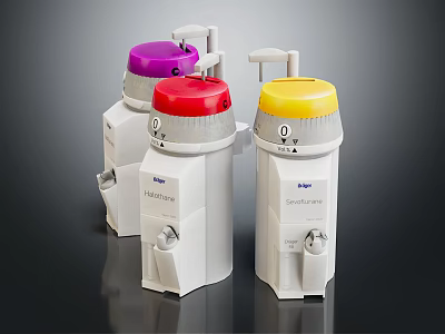 Three Medical Filtration Devices With Purple Red Yellow Lids And Compact Design 3d model
