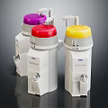 Three Medical Filtration Devices With Purple Red Yellow Lids And Compact Design