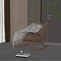 Stylish Beige Upholstered Rocking Chair With White Blanket And Wooden Frame In Cozy Indoor Space With Green Plant