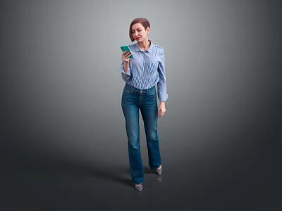 Man In Blue Striped Shirt And Jeans Holding Smartphone Against Gray Background 3d model