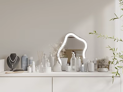 Minimalist White Dressing Table With Perfume Cosmetic Bottles Mirror And Green Plant 3d model
