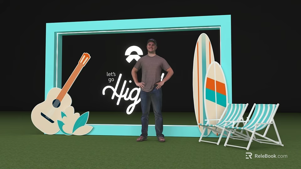 Ideal Photo Spot With Turquoise Frame Guitar Surfboard And Striped Beach Chairs 3d model 