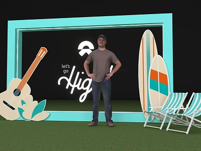 Ideal Photo Spot With Turquoise Frame Guitar Surfboard And Striped Beach Chairs 3d model