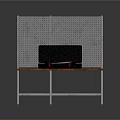 Knife In Black Case Placed On Wooden Table With Perforated Metal Background
