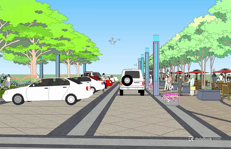 Scenic Plaza Landscape With Lush Trees Tall Lamp Posts Parked Cars And Paved Walkway 3d model 