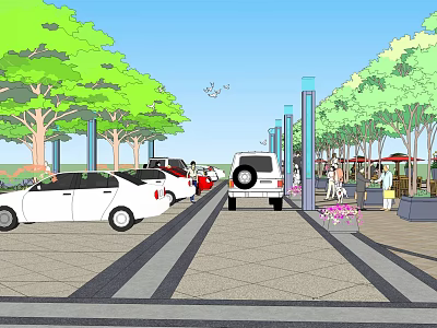 Scenic Plaza Landscape With Lush Trees Tall Lamp Posts Parked Cars And Paved Walkway 3d model