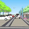 Scenic Plaza Landscape With Lush Trees Tall Lamp Posts Parked Cars And Paved Walkway