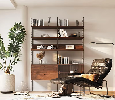 Modern Wooden Bookcase Interior With Books Decorative Items And Black Leather Chair 3d model