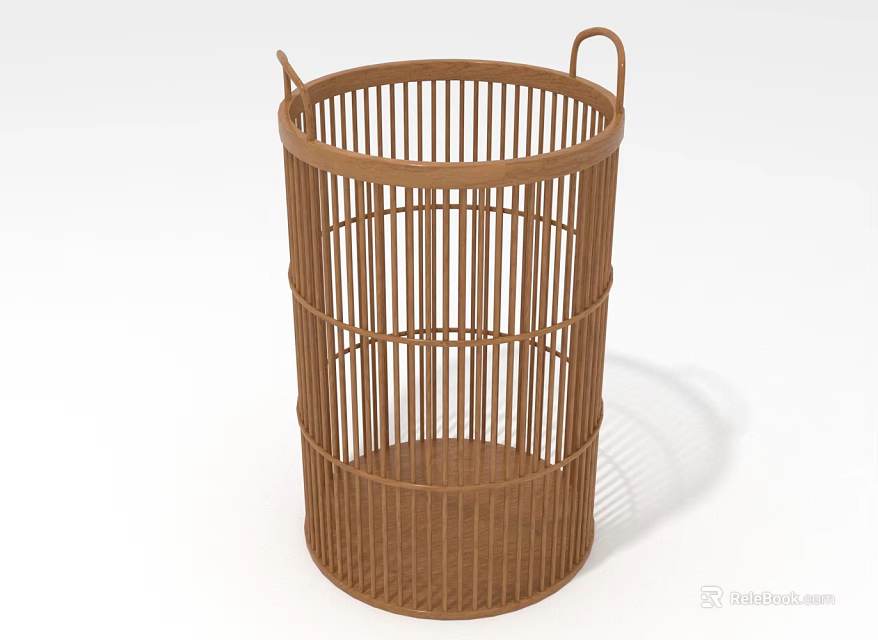 Brown Rattan Round Storage Basket With Handles For Home Organizing 3d model 